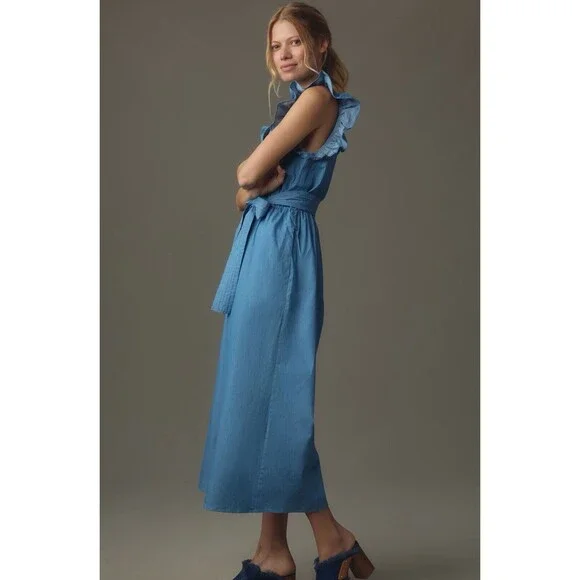 Anthropologie Hutch Jumpsuit Blue Journi Wide Leg Retro Coastal Boho Medium NWT